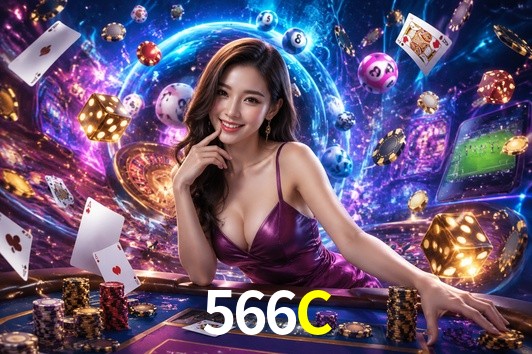 Una escena digital vívida inspirada en casino con 566C mostrado prominentemente, luces brillantes, fichas, cartas y acentos dorados.