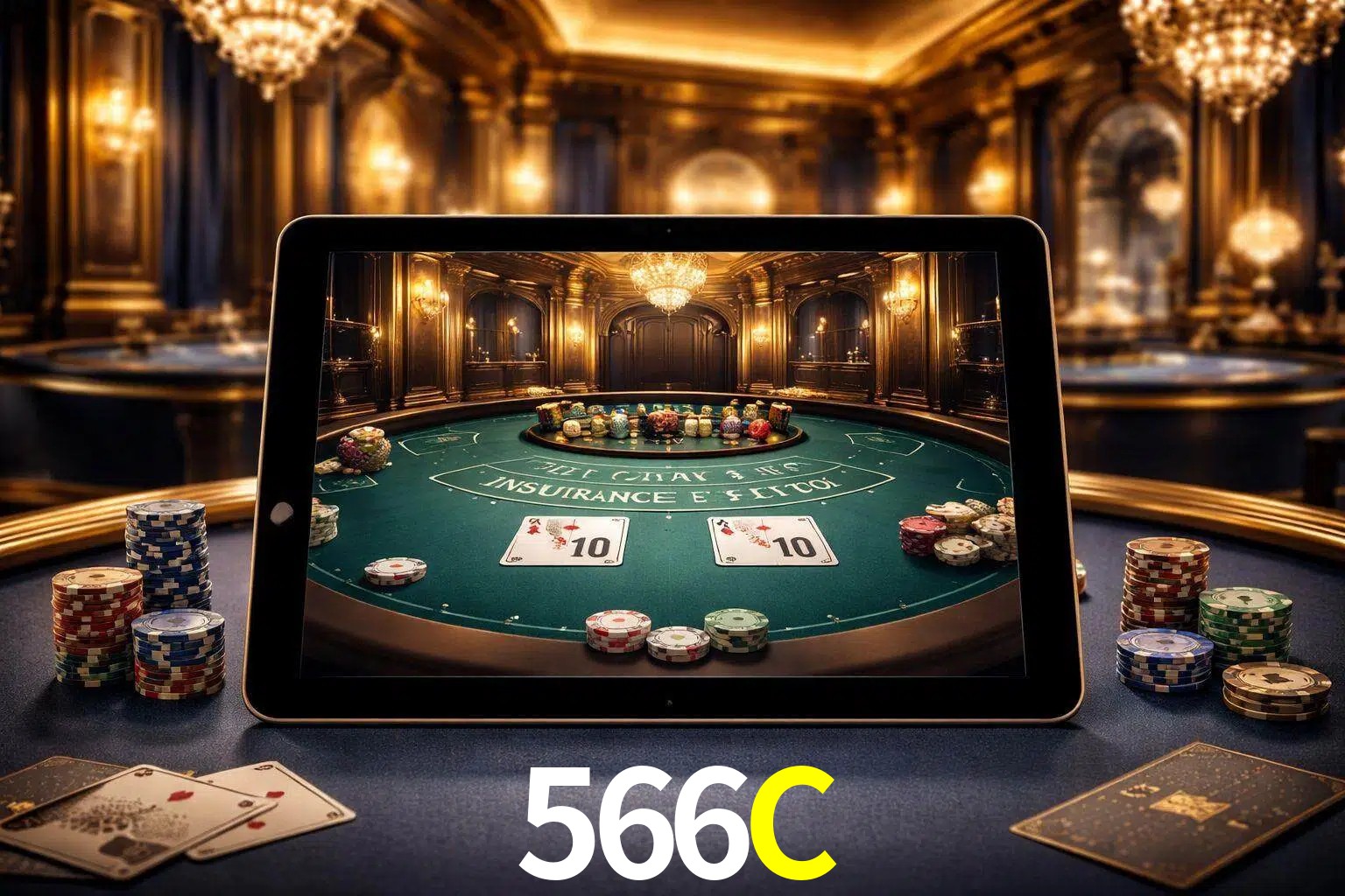 Configuración moderna de casino en vivo con una tableta mostrando una mesa de blackjack, luces cálidas de estudio y una atmósfera elegante de juegos digitales.